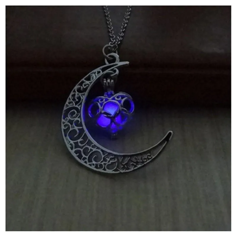 Glowing Crescent Moon Heart Owl Pendant Necklace