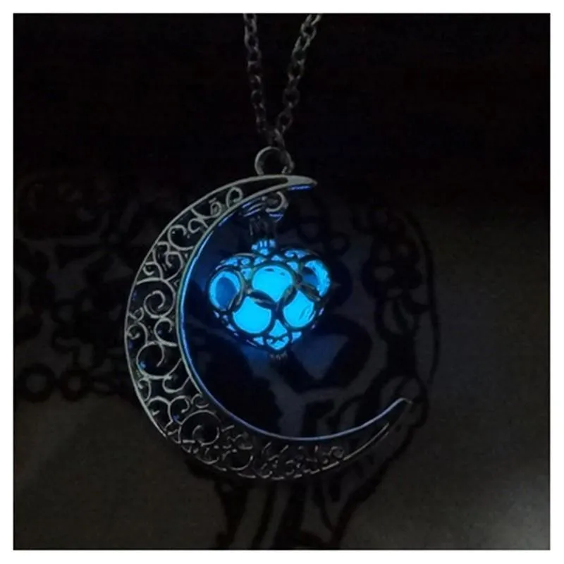 Glowing Crescent Moon Heart Owl Pendant Necklace