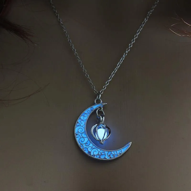 Glowing Crescent Moon Heart Owl Pendant Necklace