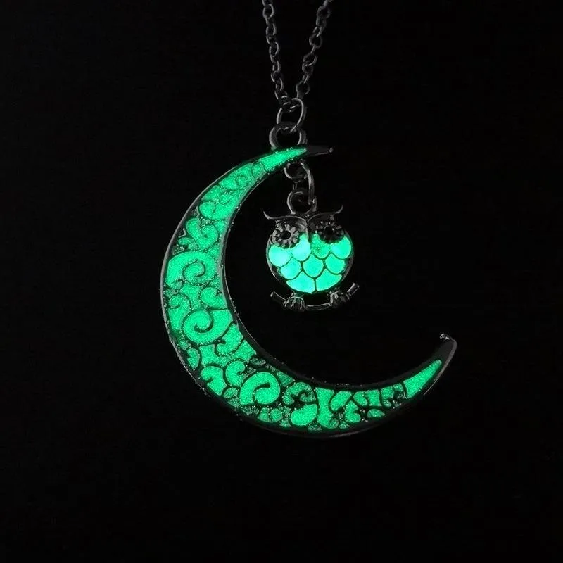 Glowing Crescent Moon Heart Owl Pendant Necklace