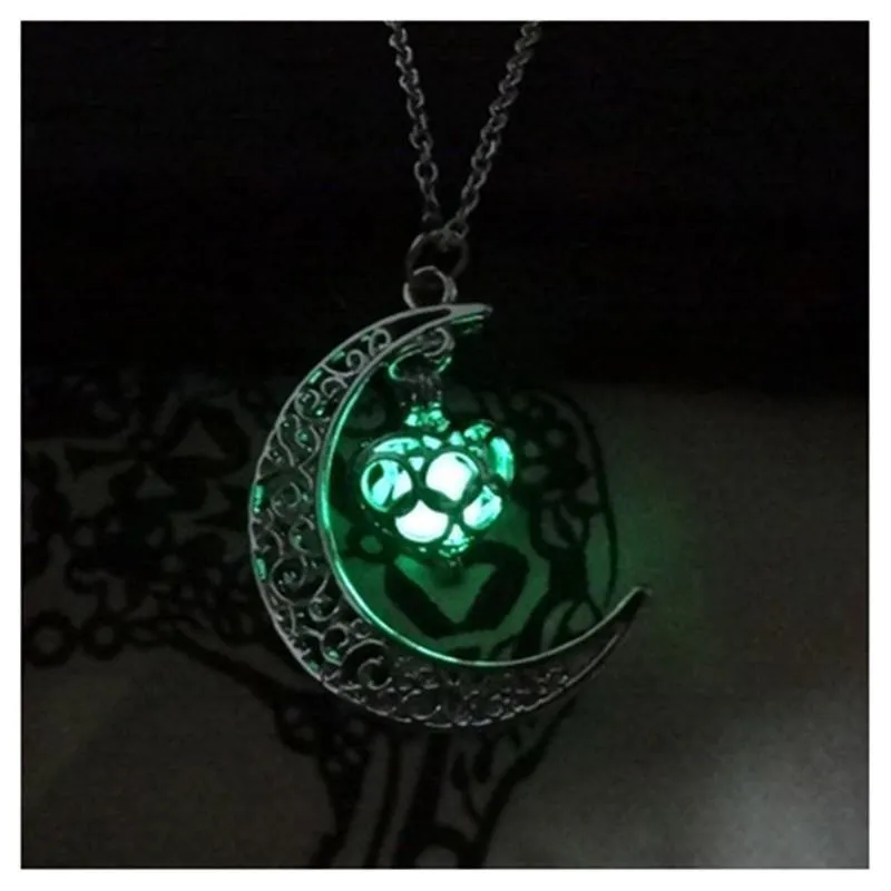 Glowing Crescent Moon Heart Owl Pendant Necklace
