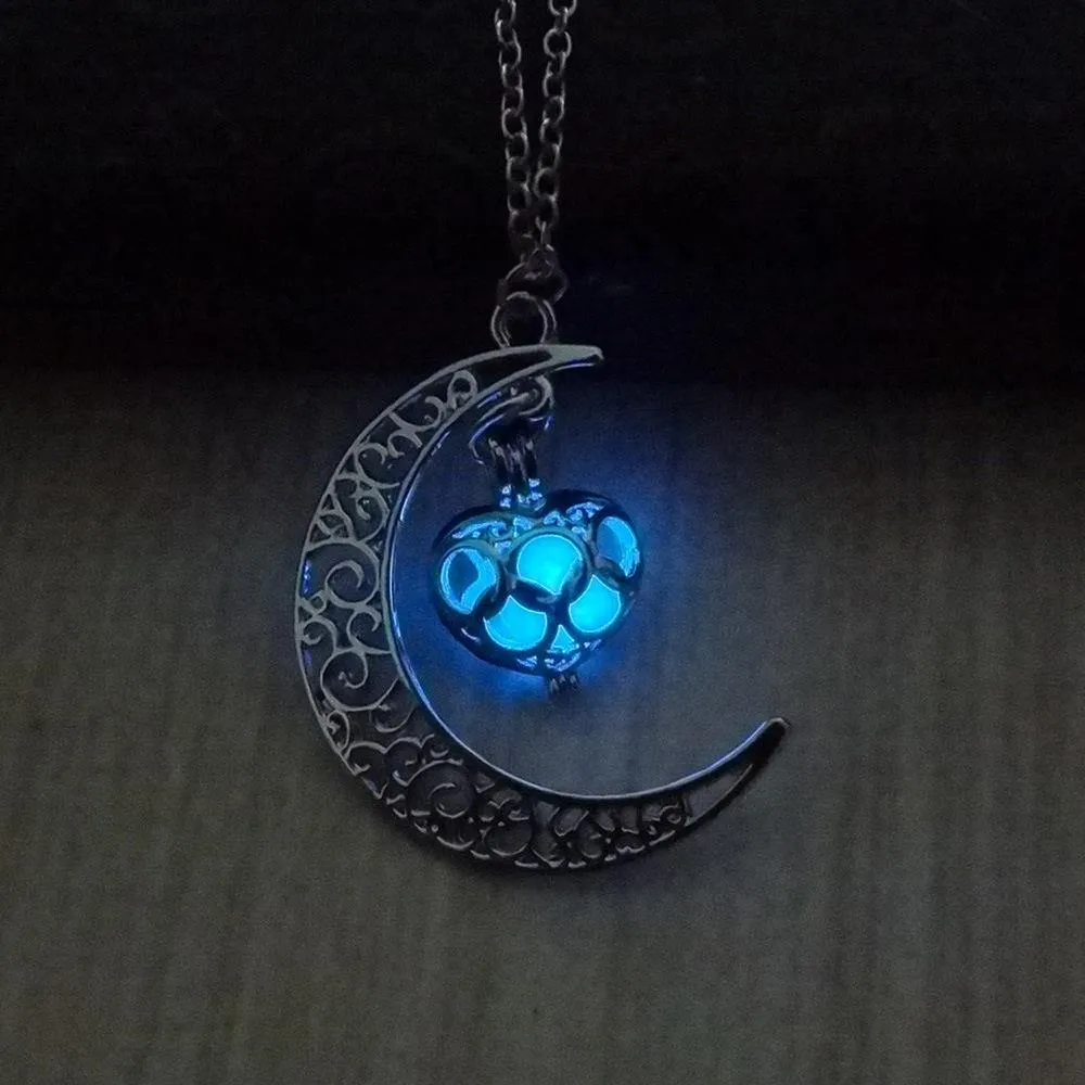 Glowing Crescent Moon Heart Owl Pendant Necklace