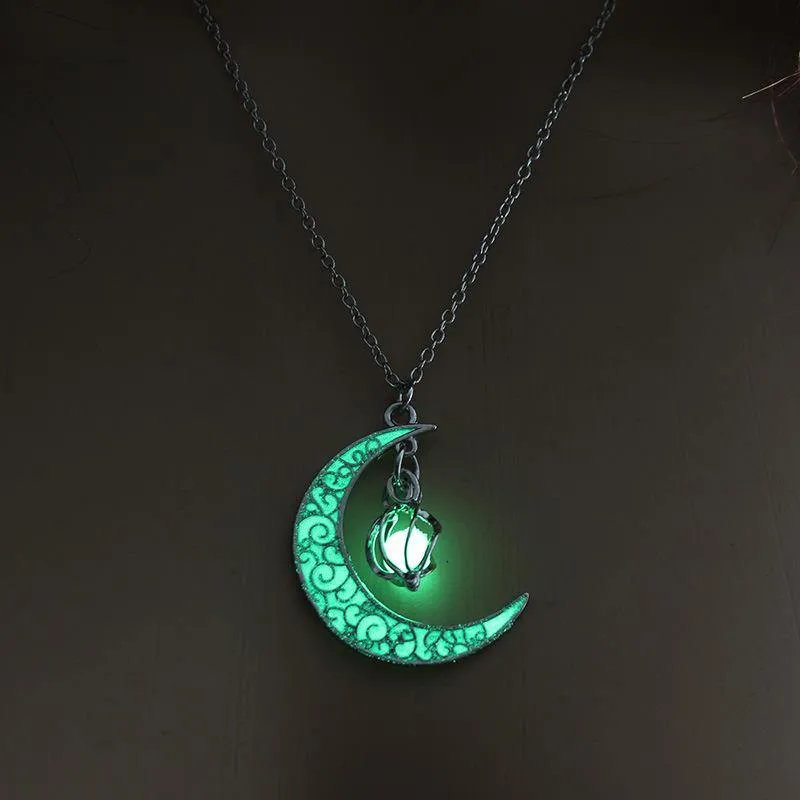 Glowing Crescent Moon Heart Owl Pendant Necklace