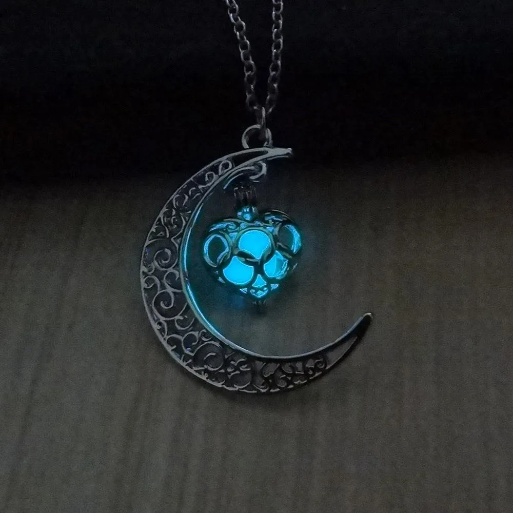Glowing Crescent Moon Heart Owl Pendant Necklace