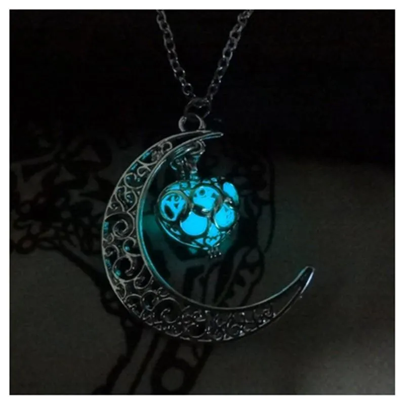 Glowing Crescent Moon Heart Owl Pendant Necklace