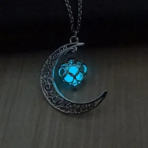 Glowing Crescent Moon Heart Owl Pendant Necklace