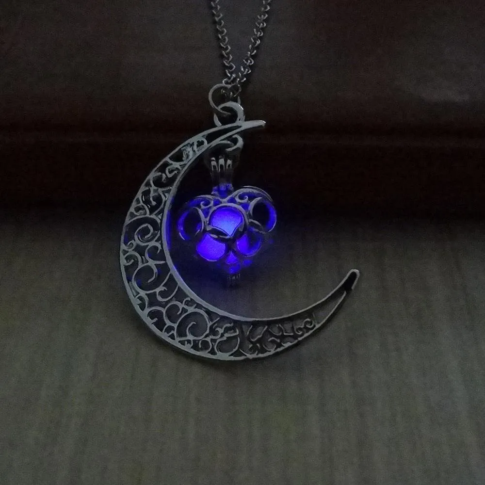 Glowing Crescent Moon Heart Owl Pendant Necklace