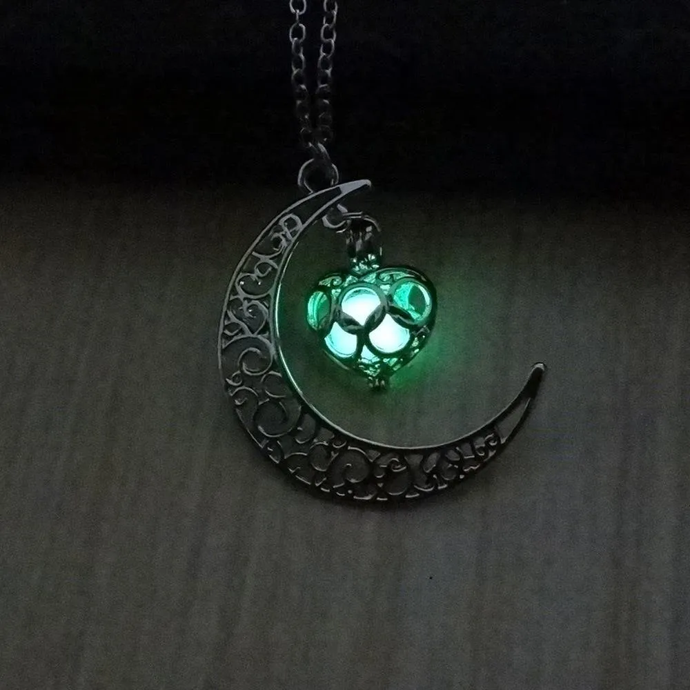 Glowing Crescent Moon Heart Owl Pendant Necklace