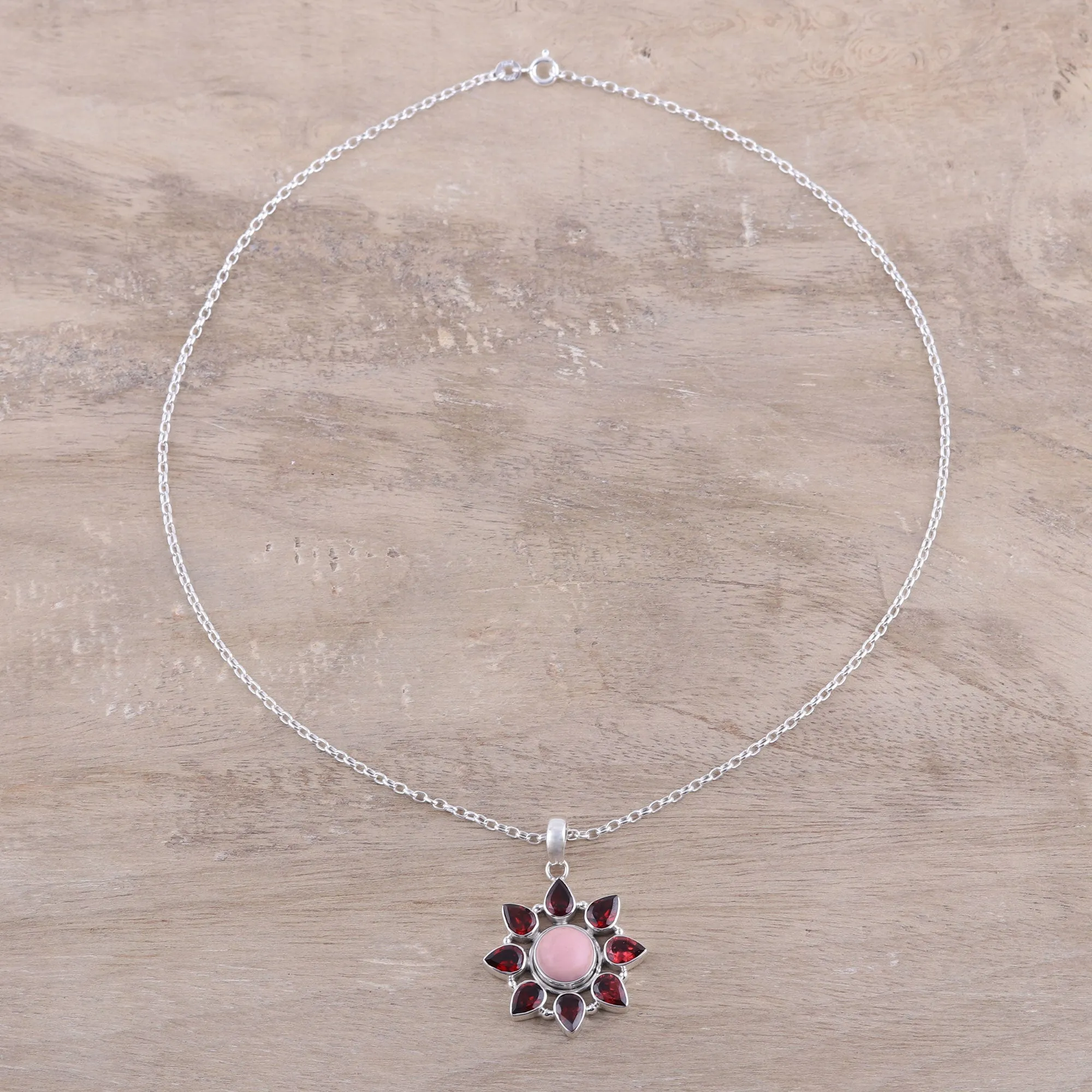 Glowing Flower Pink Opal and Garnet Sterling Silver Flower Necklace