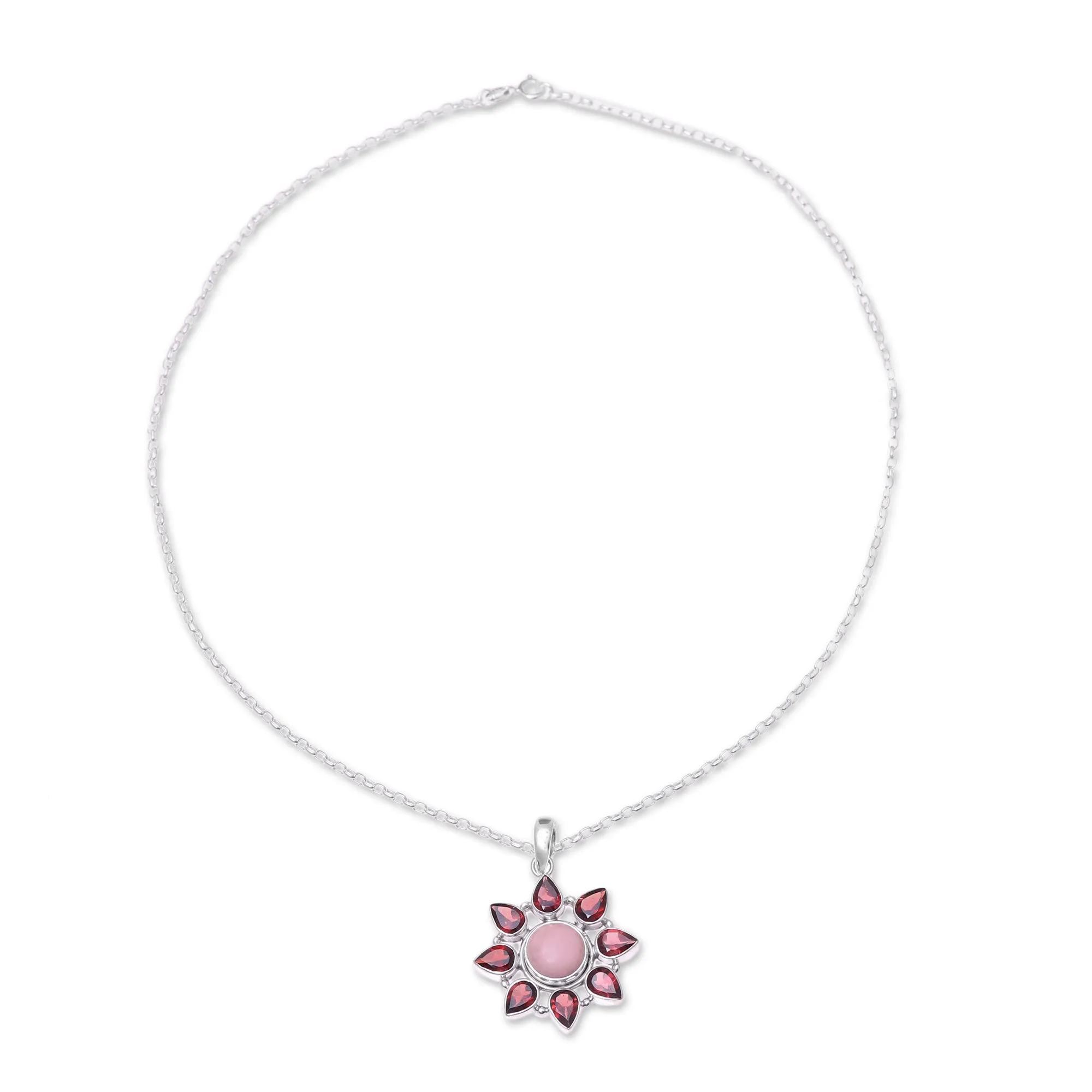 Glowing Flower Pink Opal and Garnet Sterling Silver Flower Necklace