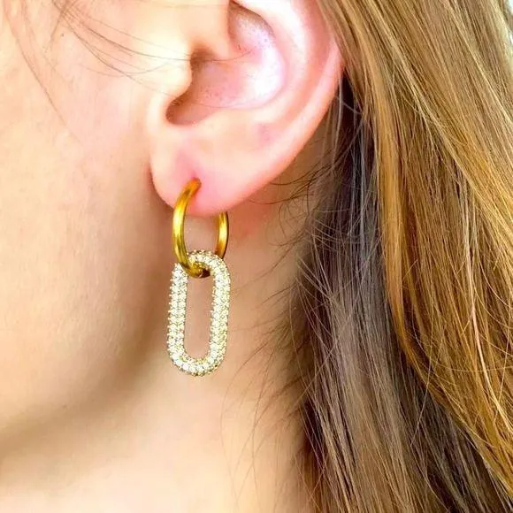 Gold Hoops Oval Glittery Dangling Earrings