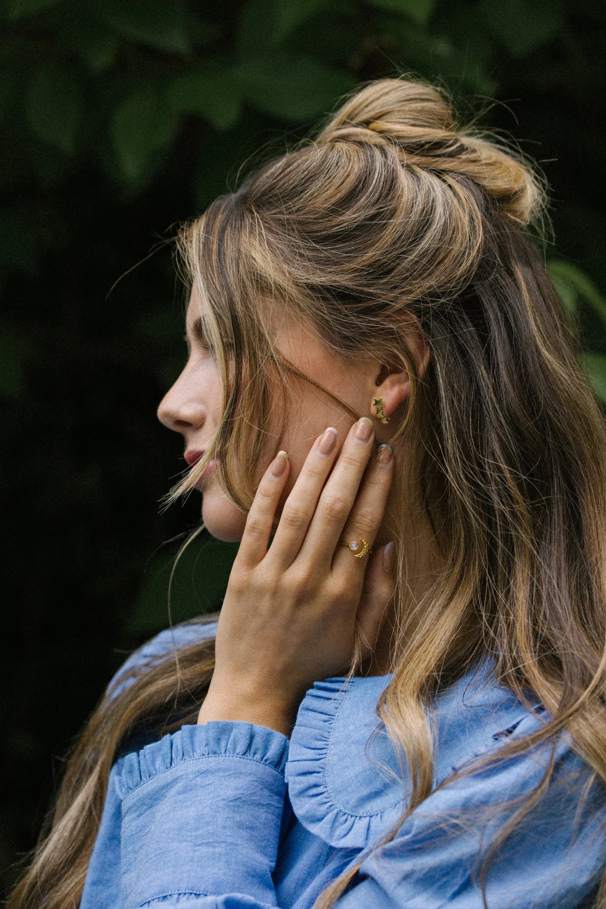 Gold Vermeil Moon Ring in Rainbow Moonstone