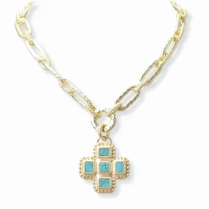 Gold/Turquoise, 14K Gold Plated Cross Charm Designer Inspired Toggle necklace