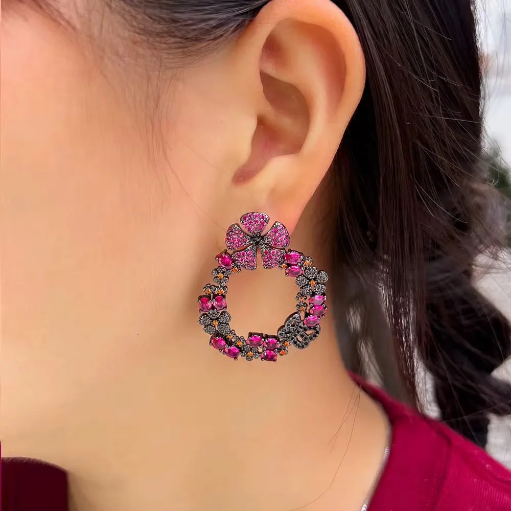 Gorgeous Hot Pink Red Cubic Zirconia Crystal Long Drop Flower Earrings