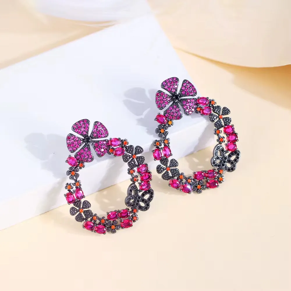 Gorgeous Hot Pink Red Cubic Zirconia Crystal Long Drop Flower Earrings