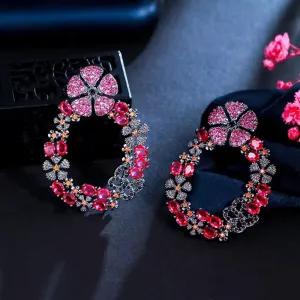 Gorgeous Hot Pink Red Cubic Zirconia Crystal Long Drop Flower Earrings
