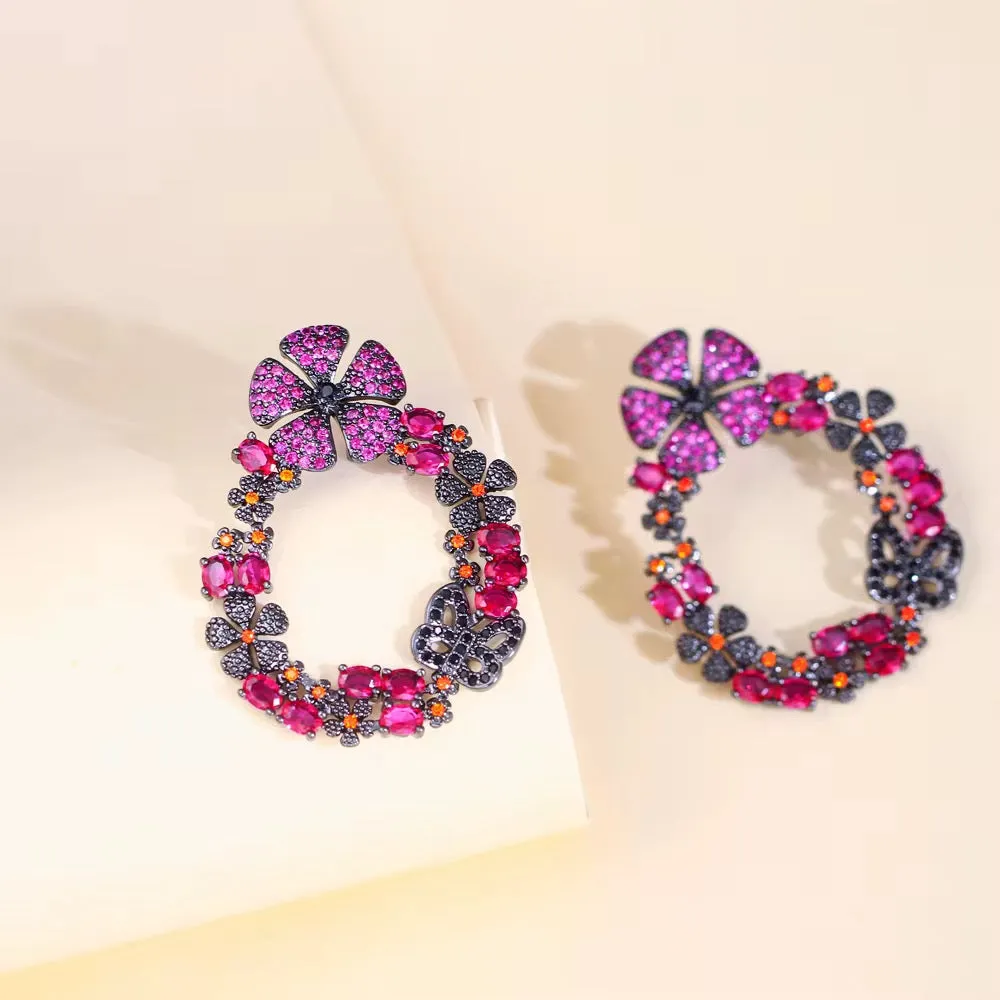 Gorgeous Hot Pink Red Cubic Zirconia Crystal Long Drop Flower Earrings