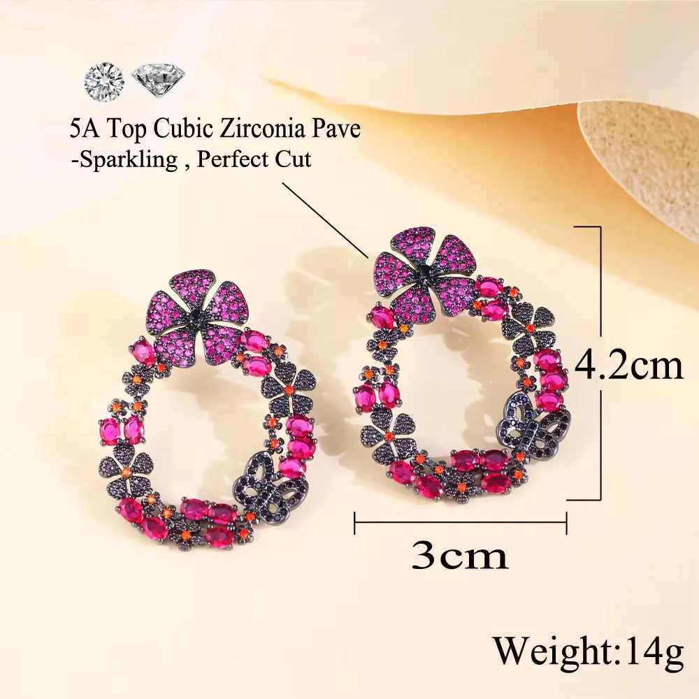 Gorgeous Hot Pink Red Cubic Zirconia Crystal Long Drop Flower Earrings