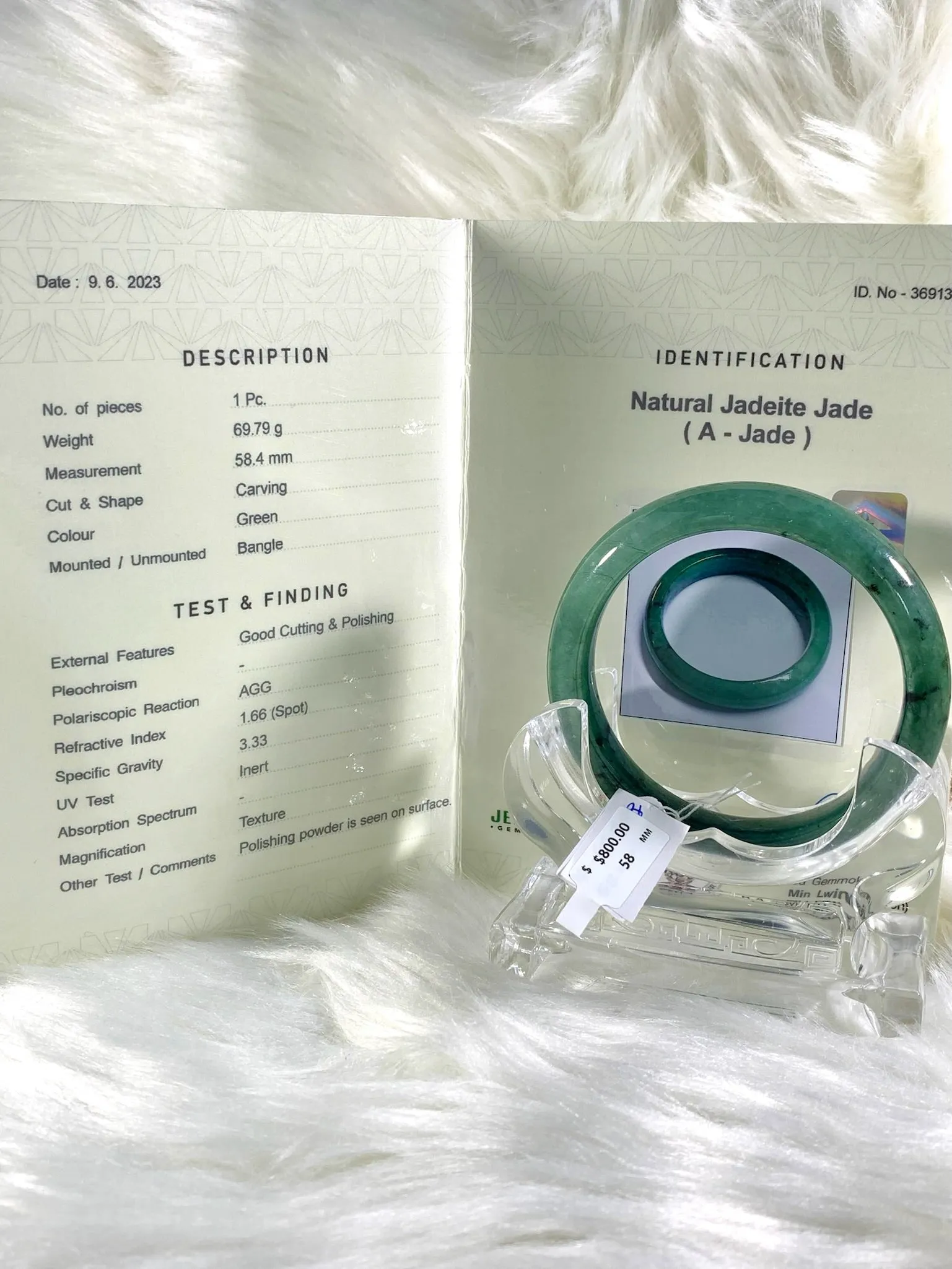 Grade A Natural Jade Bangle with certificate #36913