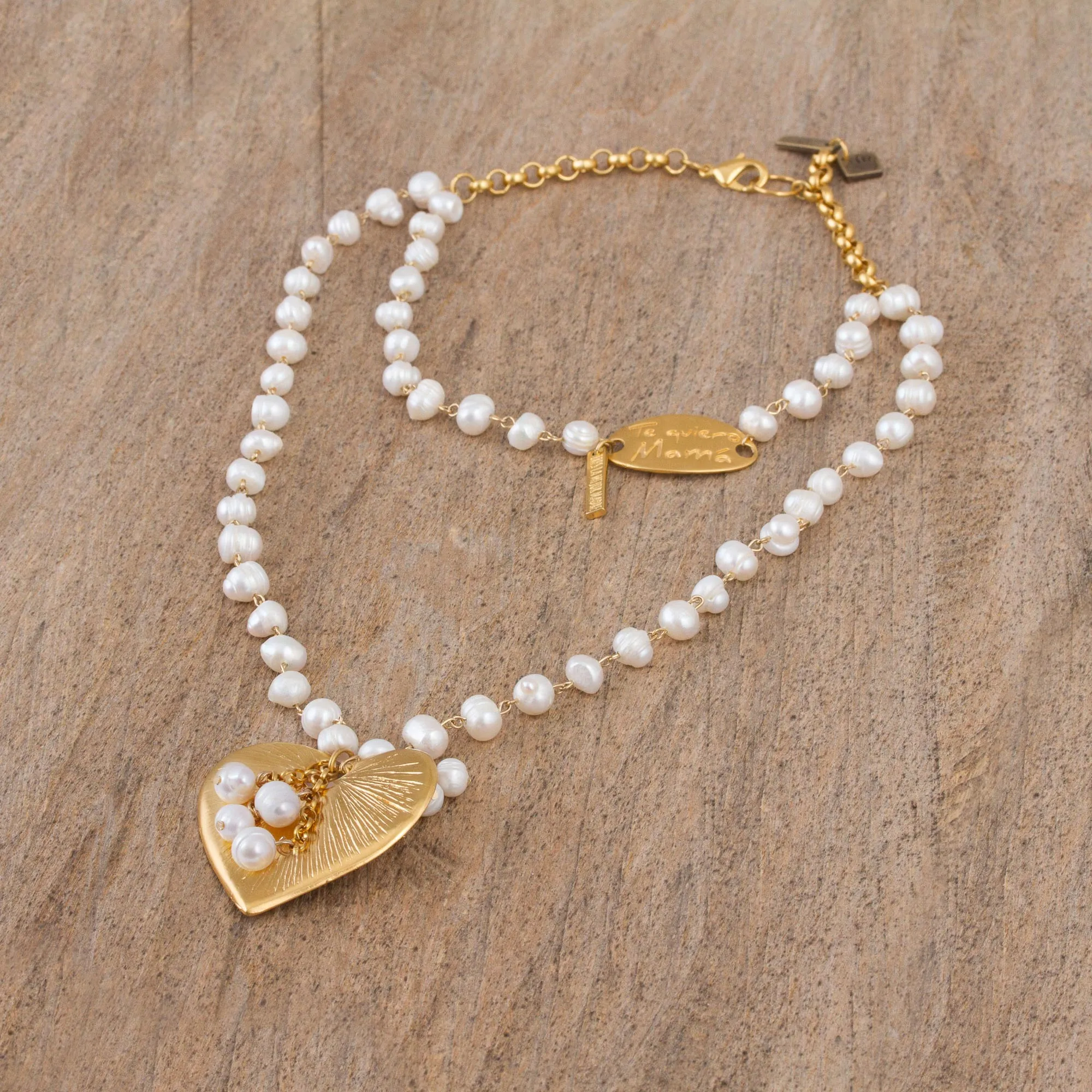 Heartfelt Glow Gold Plated Cultured Pearl Heart Necklace from Mexico