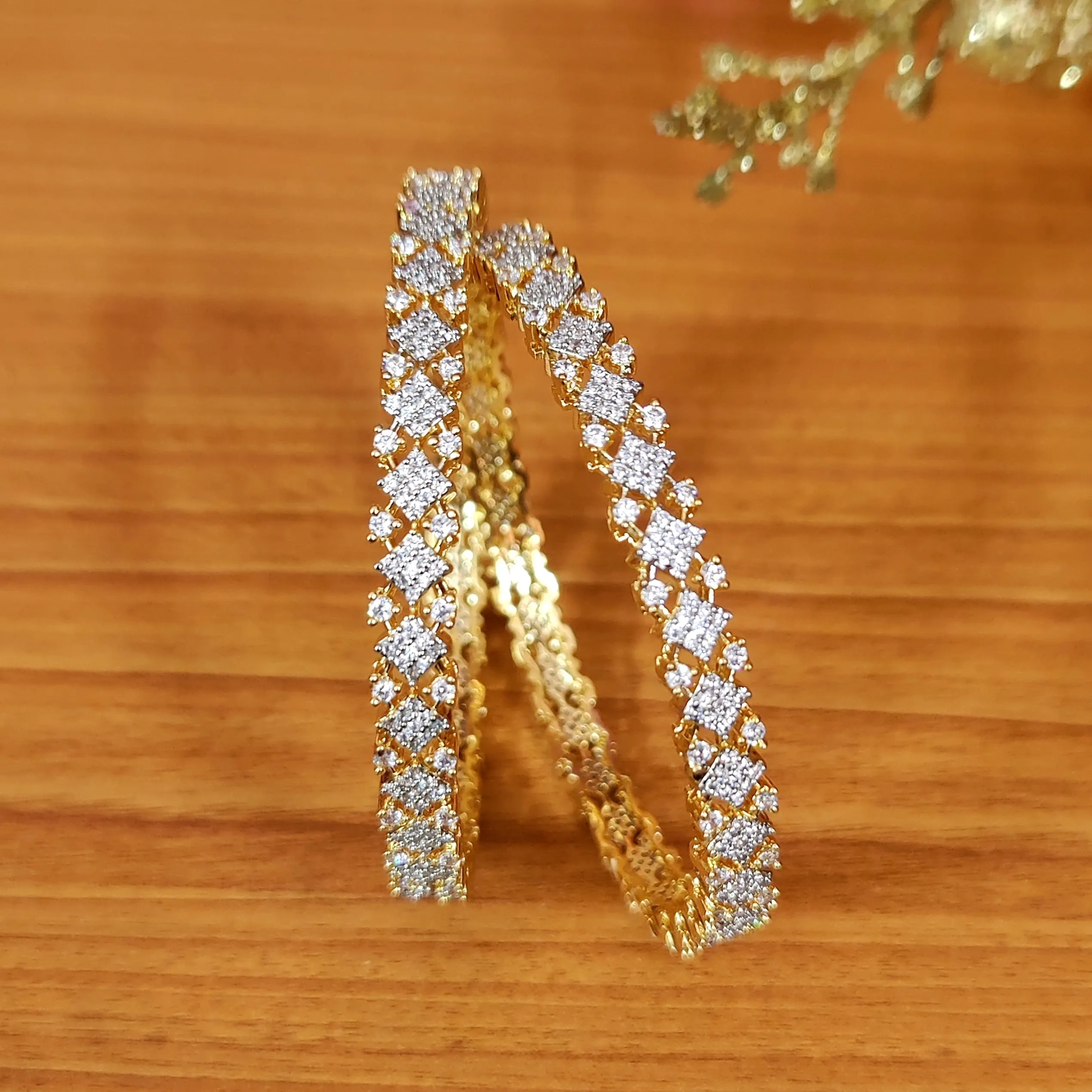 INTRICATE DIAMOND PATTERN CZ GOLD PLATED BANGLES