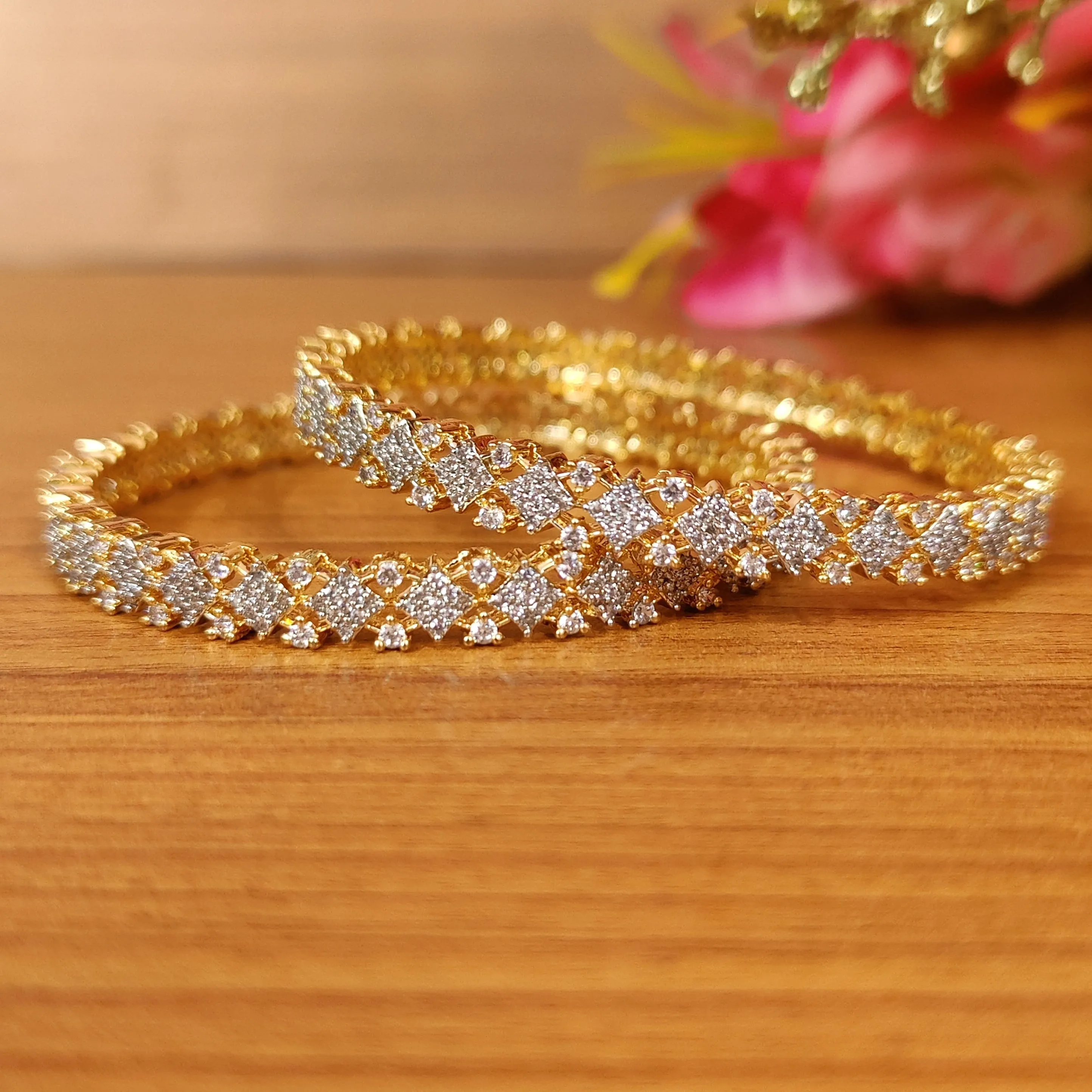 INTRICATE DIAMOND PATTERN CZ GOLD PLATED BANGLES