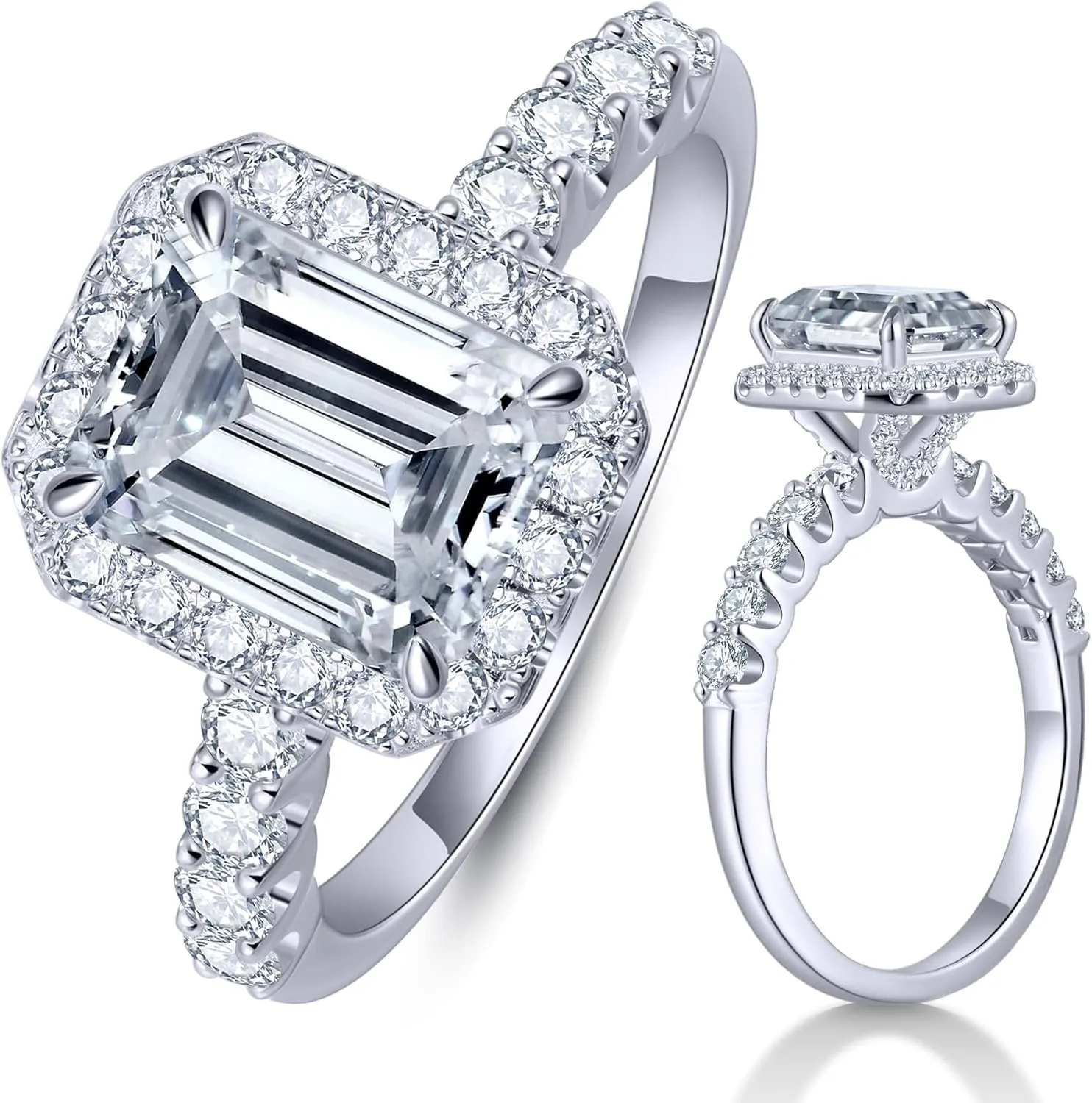 KSTYLE Center Stone 3ct/2ct Moissanite Halo Engagement Rings for Women Round/Oval/Emerald Cut D Color VVS1 Clarity, S925 Sterling Silver Rings 18K White Gold Plated Wedding Rings for Women