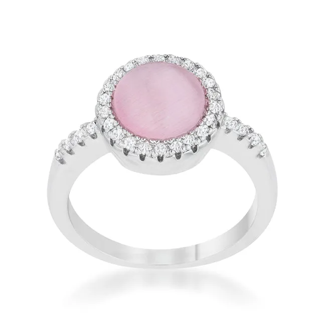 LOVCIA Delicate Rhodium Plated Pink Cat's Eye Ring with Pave Set Stones
