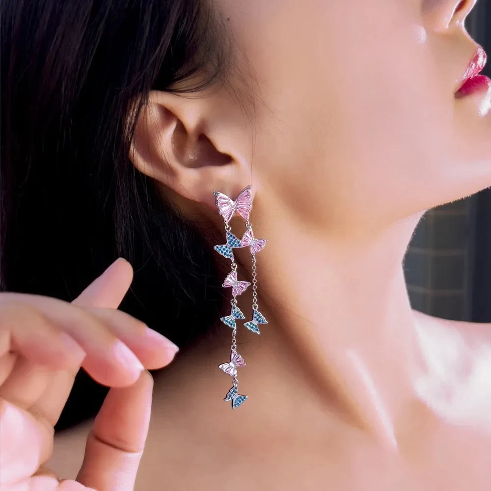 Luxurious Pink Blue Cubic Zirconia Extra Long Tassel Butterfly Drop Dangle Earrings