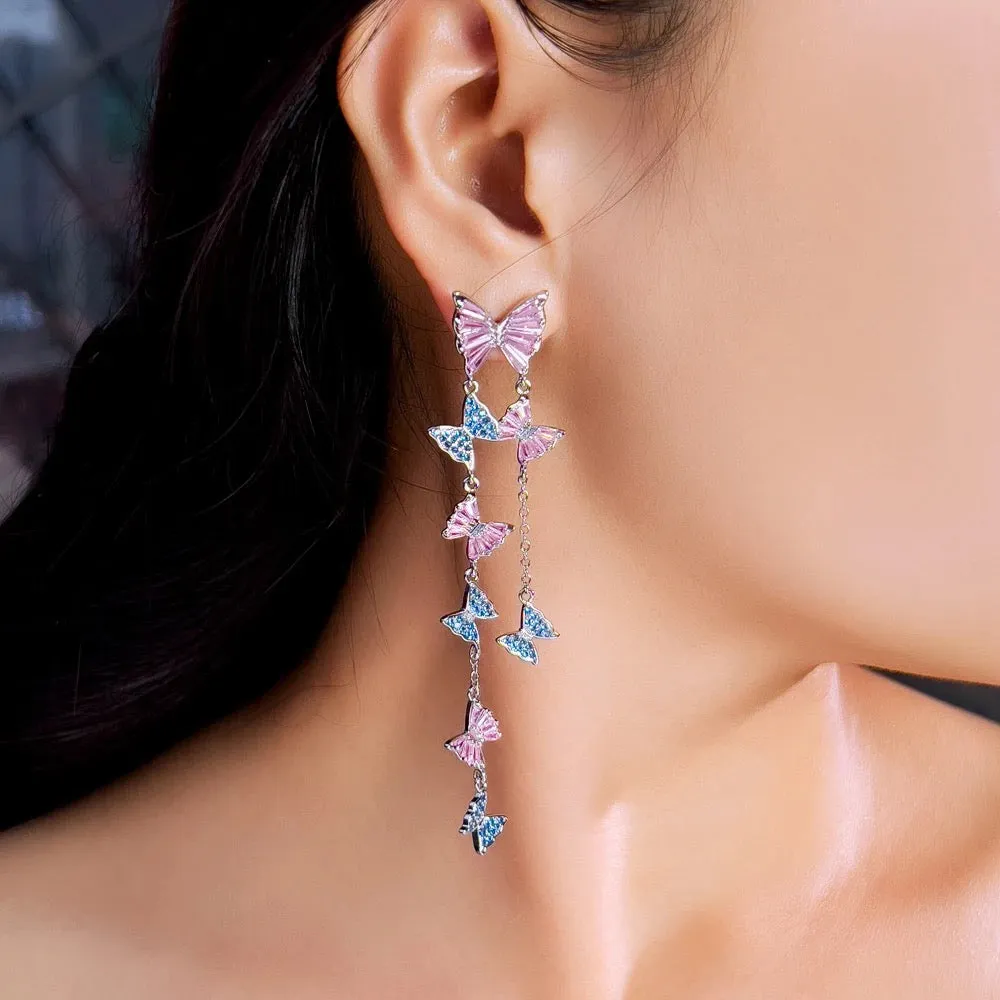Luxurious Pink Blue Cubic Zirconia Extra Long Tassel Butterfly Drop Dangle Earrings