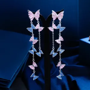 Luxurious Pink Blue Cubic Zirconia Extra Long Tassel Butterfly Drop Dangle Earrings