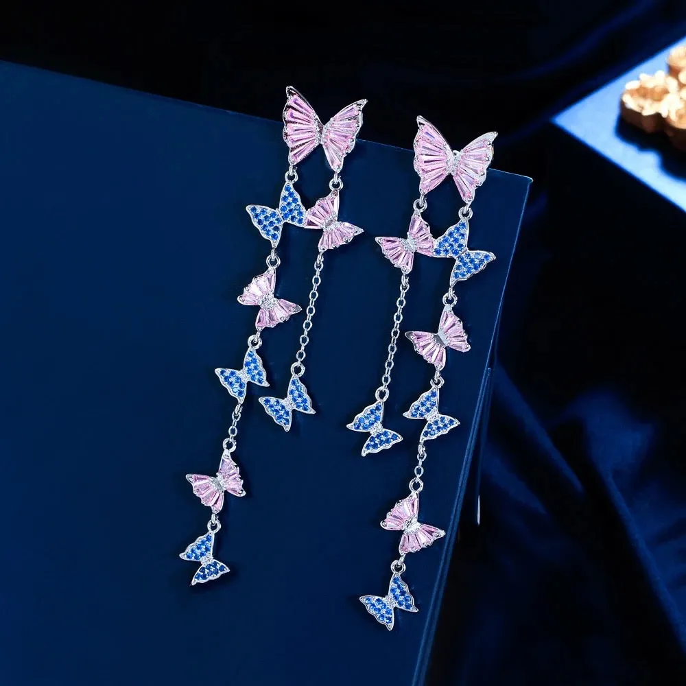 Luxurious Pink Blue Cubic Zirconia Extra Long Tassel Butterfly Drop Dangle Earrings
