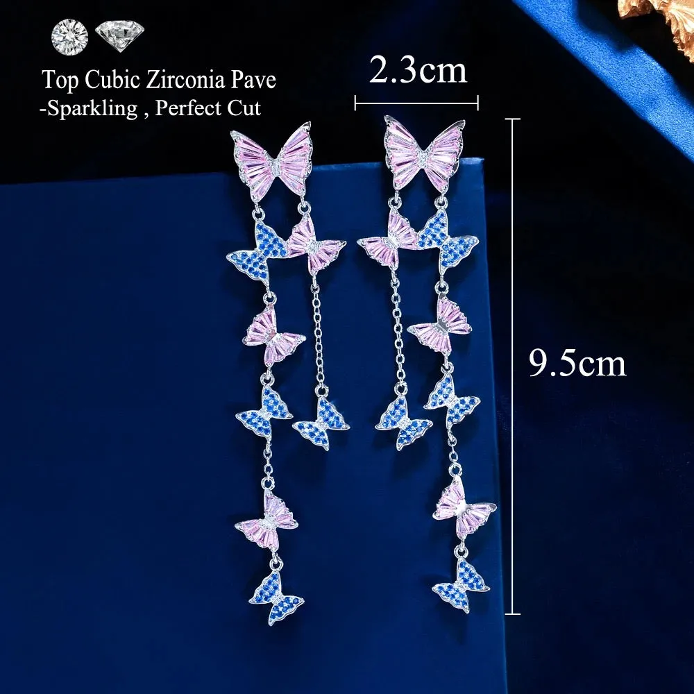 Luxurious Pink Blue Cubic Zirconia Extra Long Tassel Butterfly Drop Dangle Earrings