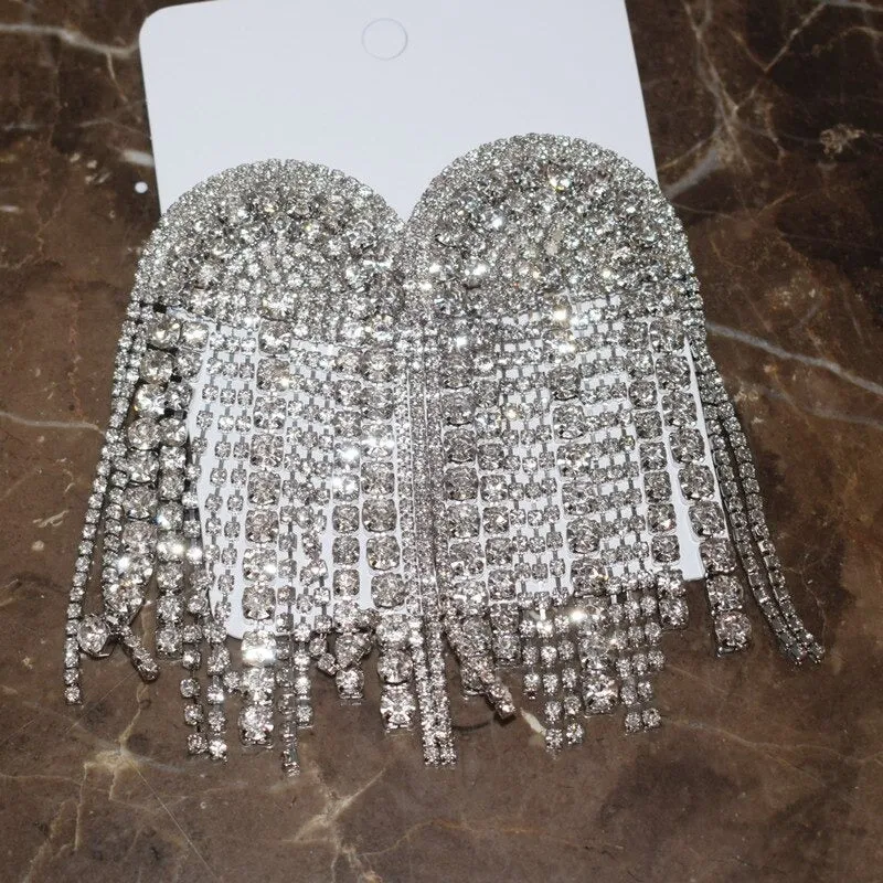 Luxurious Rhinestone Bejeweled Long Tassel Drop Statement Earrings