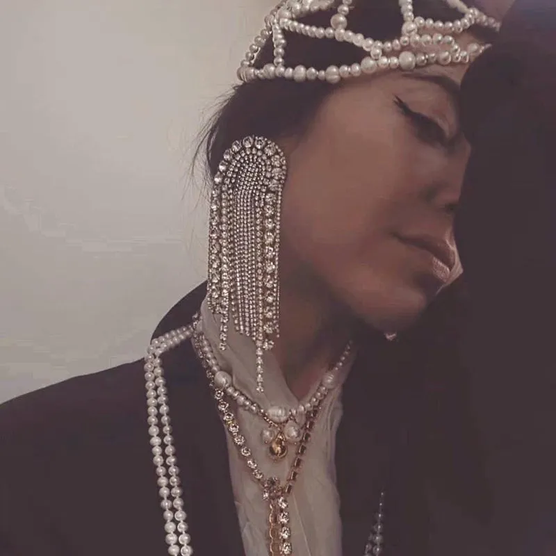 Luxurious Rhinestone Bejeweled Long Tassel Drop Statement Earrings