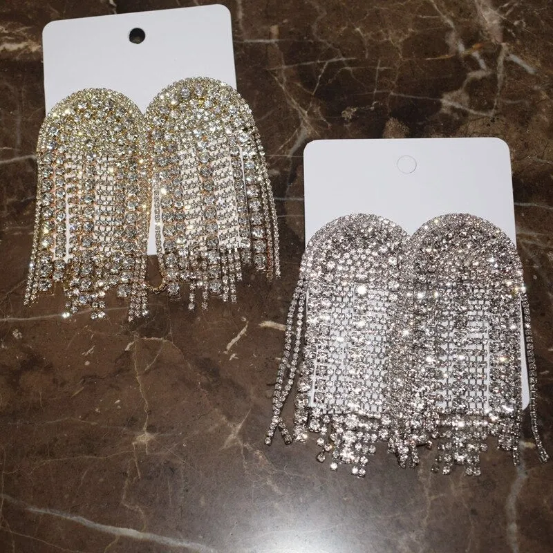 Luxurious Rhinestone Bejeweled Long Tassel Drop Statement Earrings