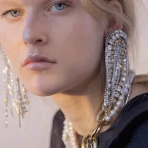 Luxurious Rhinestone Bejeweled Long Tassel Drop Statement Earrings