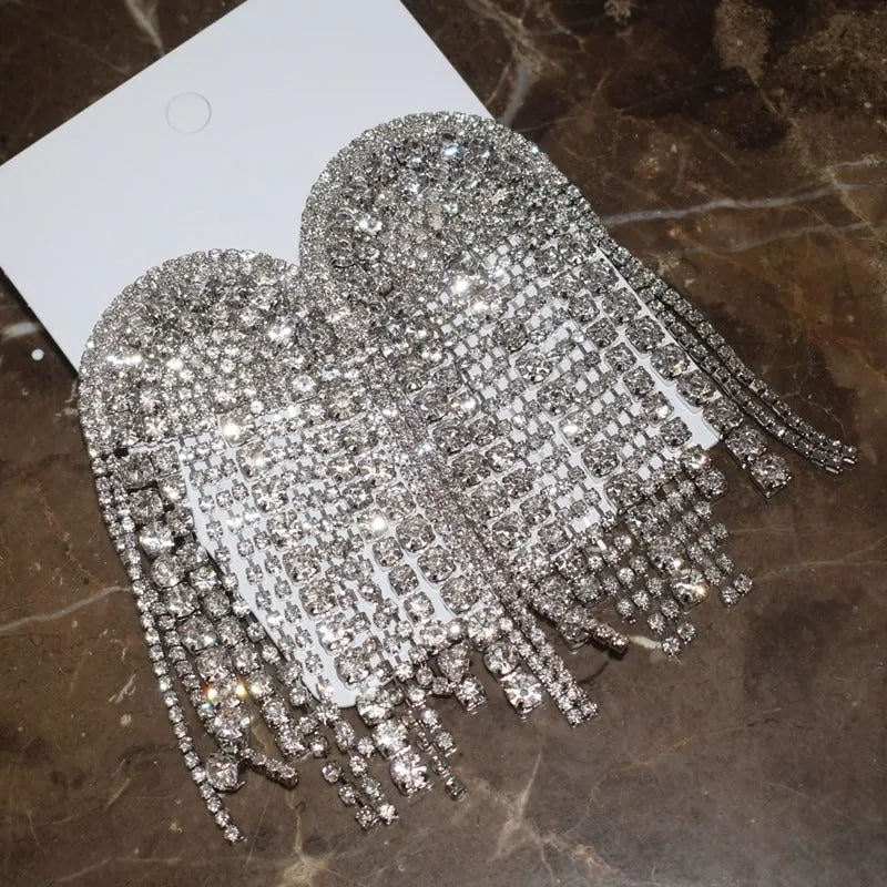 Luxurious Rhinestone Bejeweled Long Tassel Drop Statement Earrings