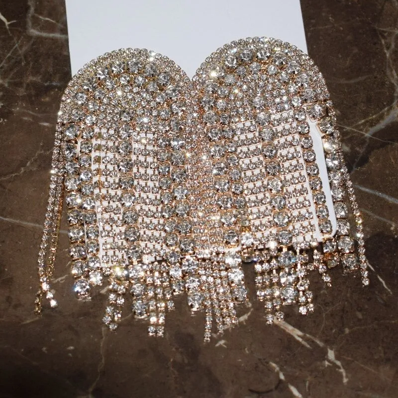 Luxurious Rhinestone Bejeweled Long Tassel Drop Statement Earrings