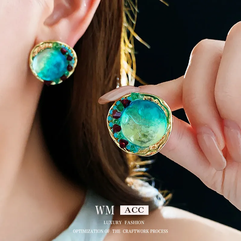 Luxurious Round Geometric Glass Electroplating Earrings