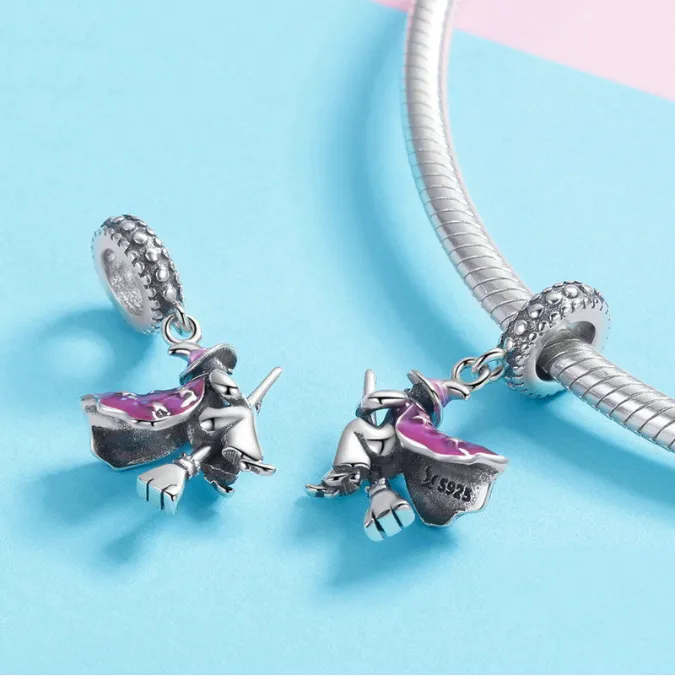 Magical Flying Witch on a Broomstick Charm 925 Sterling Silver