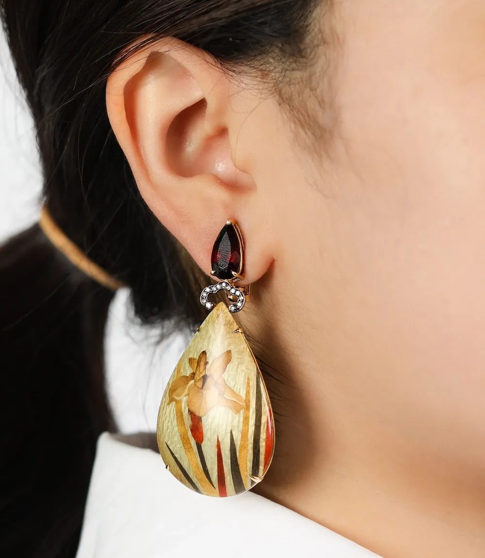 Marquetry Orchid Teardrop Earrings with Light Brown Diamonds