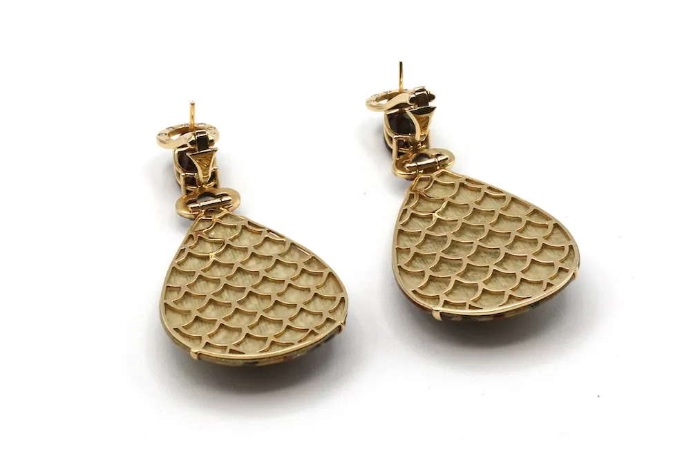 Marquetry Orchid Teardrop Earrings with Light Brown Diamonds