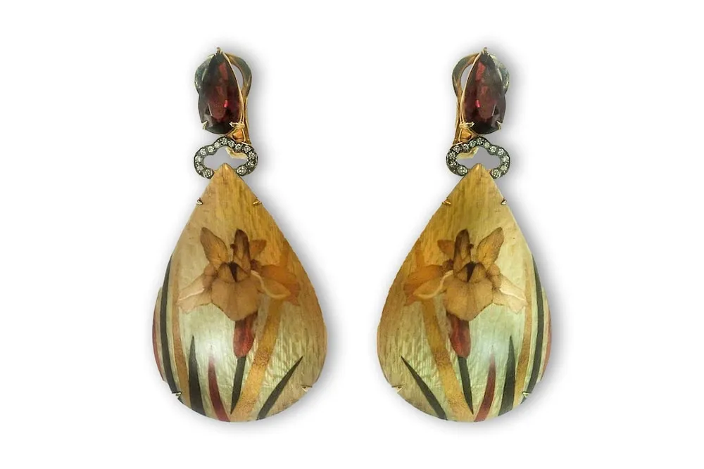 Marquetry Orchid Teardrop Earrings with Light Brown Diamonds