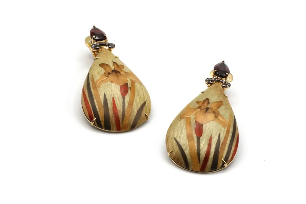 Marquetry Orchid Teardrop Earrings with Light Brown Diamonds