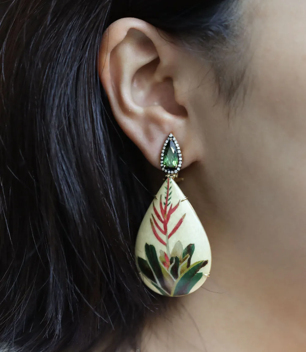 Marquetry White and Green Plant Earrings