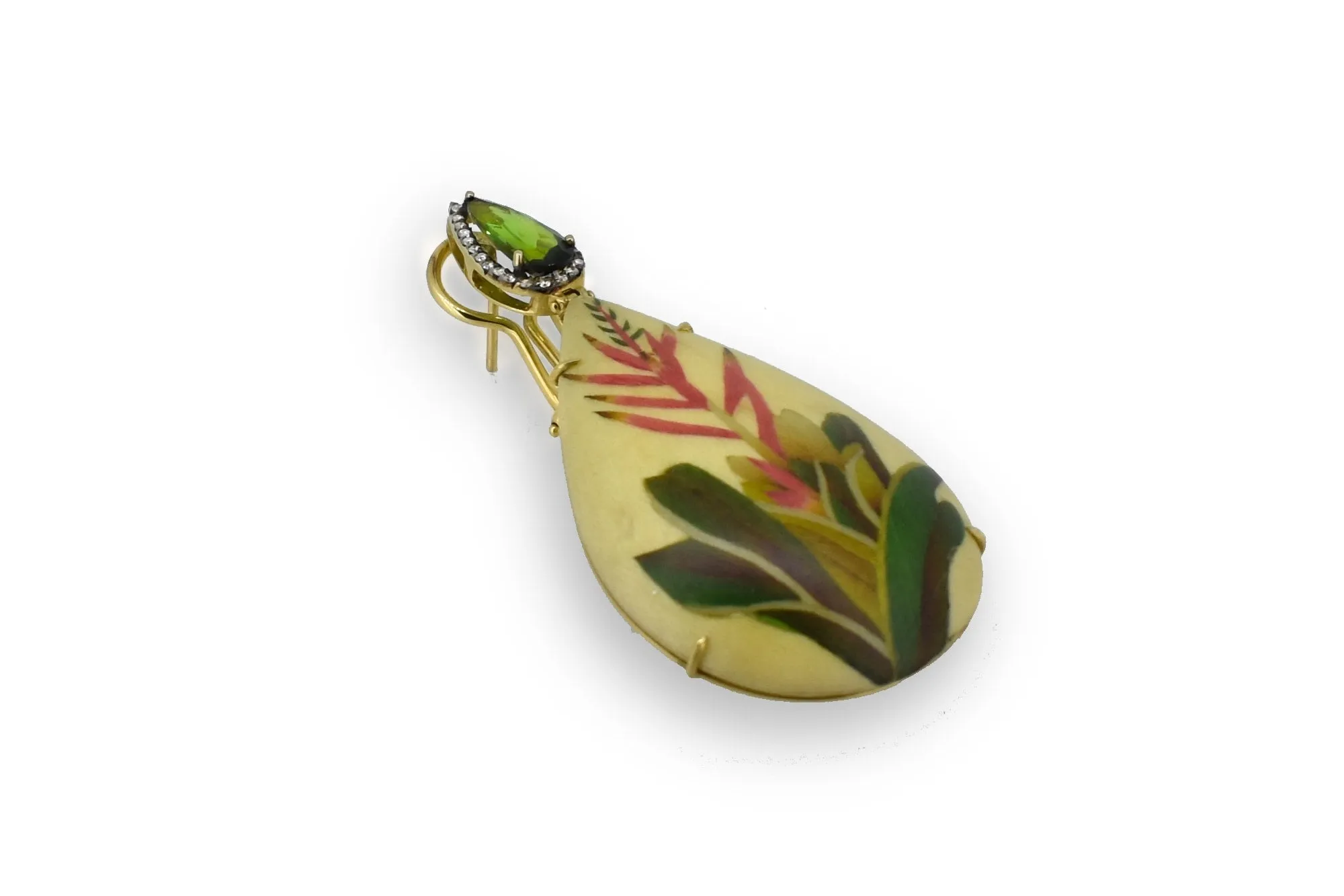 Marquetry White and Green Plant Earrings