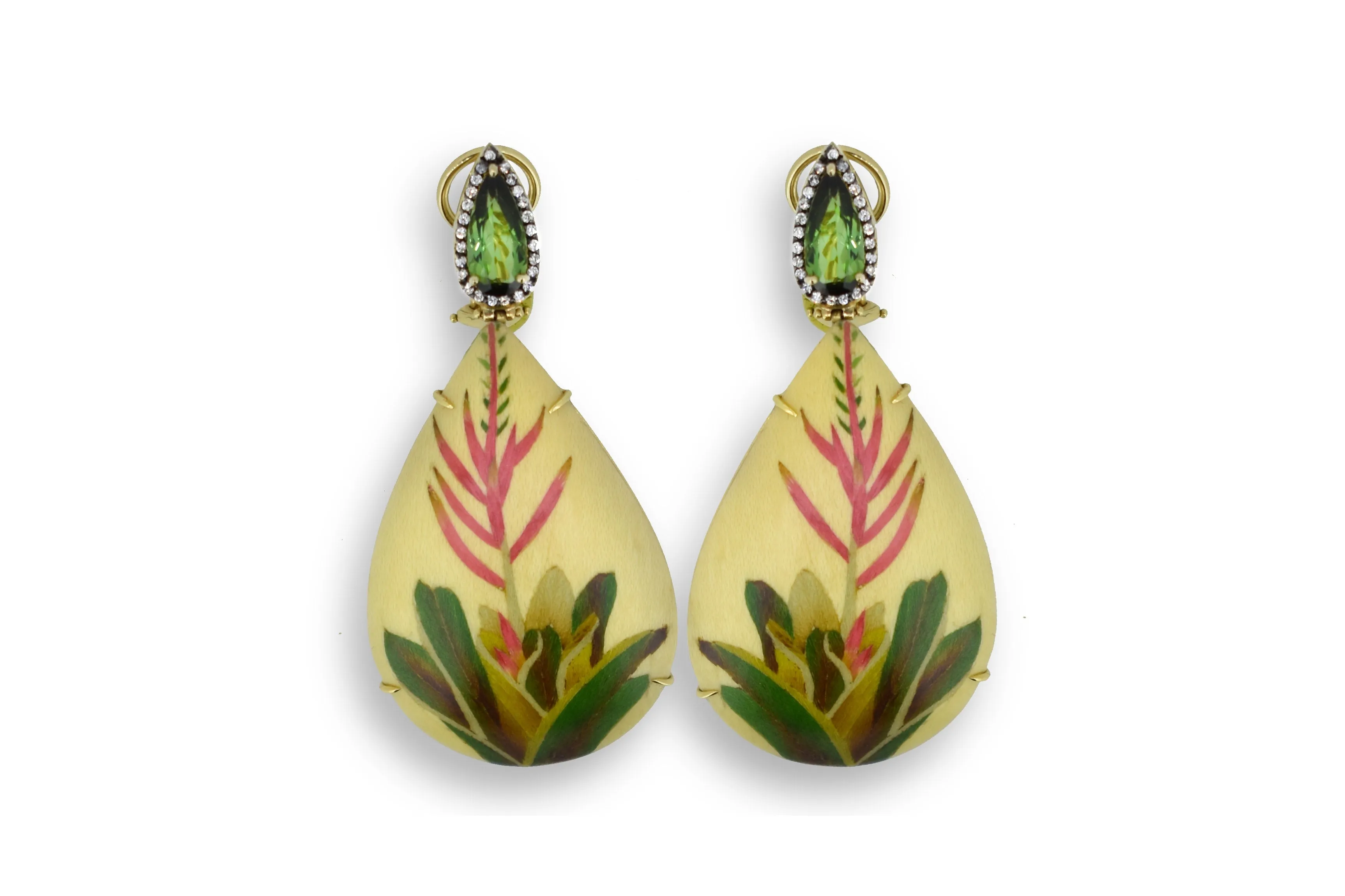 Marquetry White and Green Plant Earrings