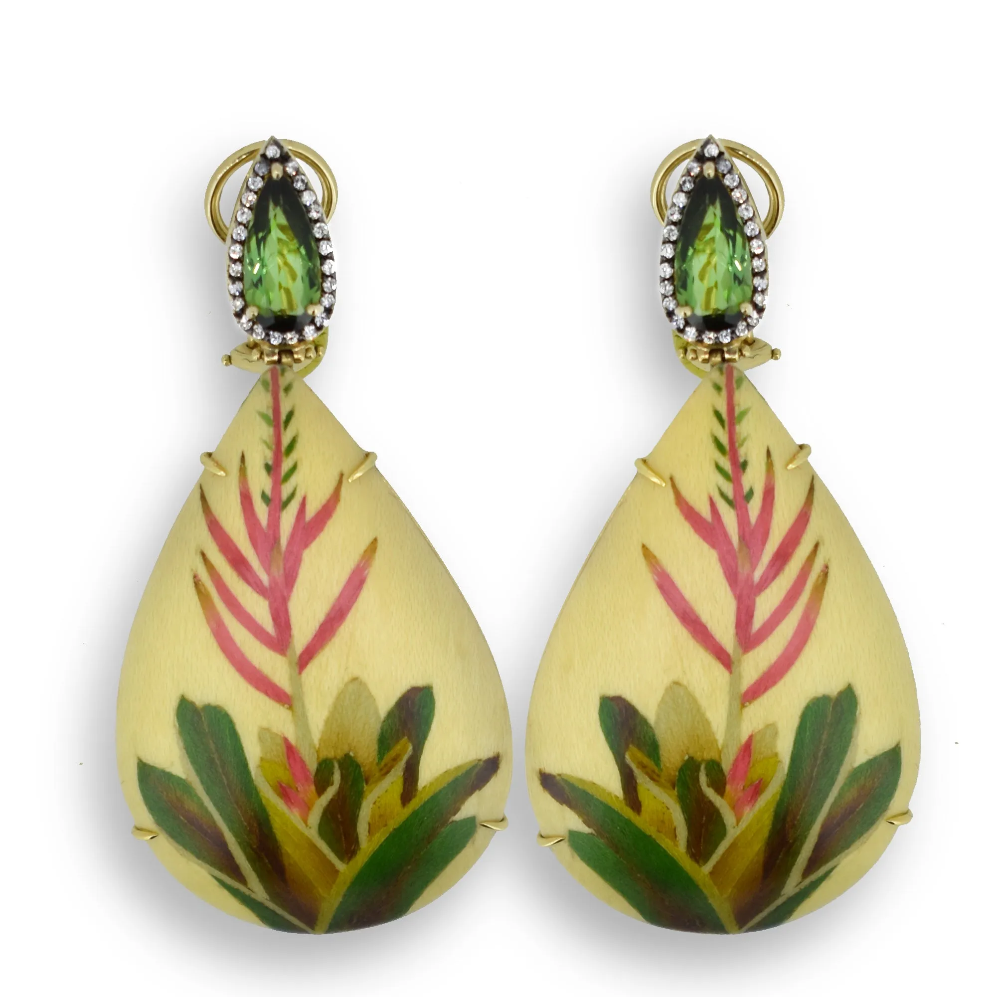 Marquetry White and Green Plant Earrings