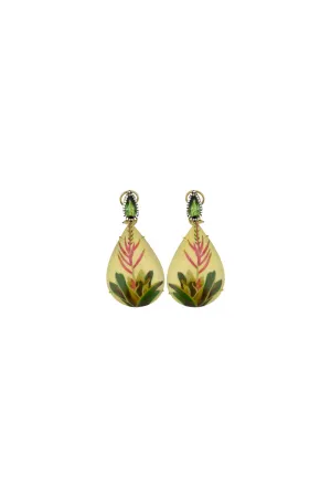 Marquetry White and Green Plant Earrings